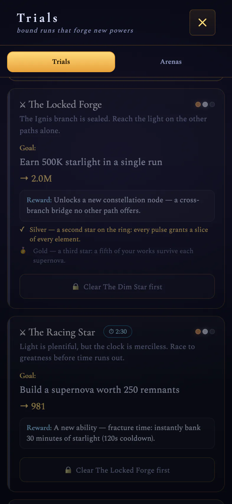 The Trials hall — each trial names its law, goal and reward
